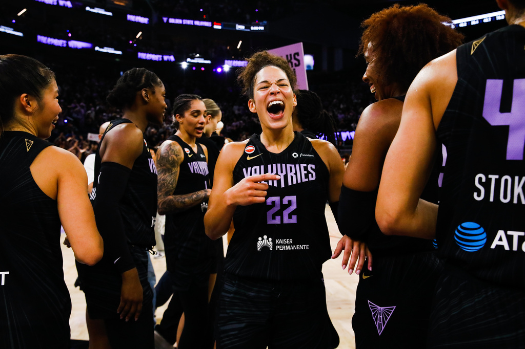 The Golden State Valkyries guard Veronica Burton (22) shares a laugh with forward Kayla Thornton (5) after their win against the Washington Mystics during a WNBA basketball game in San Francisco on Saturday, July 18, 2026. (Yalonda M. James/San Francisco Chronicle via AP)