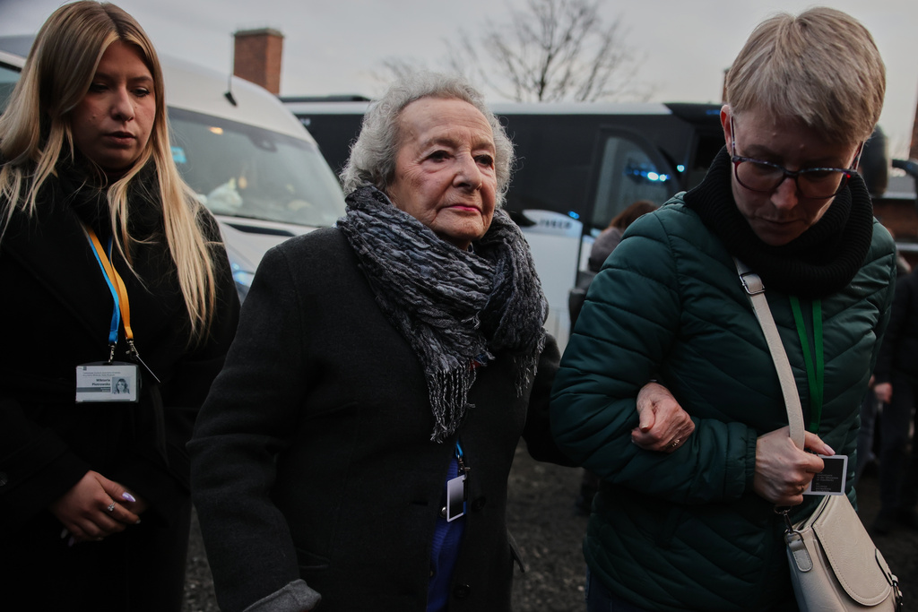 Holocaust survivor Bronislawa Horowitz-Karakulska attends a ceremony marking the 81th anniversary of the camp's liberation in the Auschwitz Nazi death camp museum in Oswiecim, Poland, Tuesday, Jan. 27, 2026. (AP Photo/Beata Zawrzel)