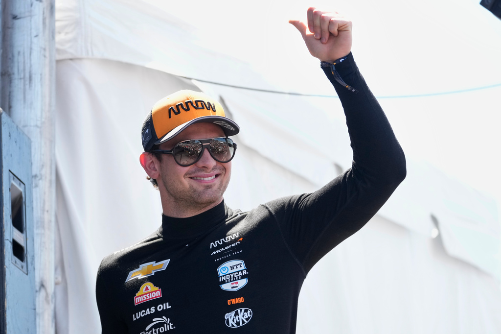 FILE - Pato O'Ward is introduced before an IndyCar auto race, Aug. 31, 2025, at Nashville Superspeedway in Lebanon, Tenn. (AP Photo/George Walker IV, File)
