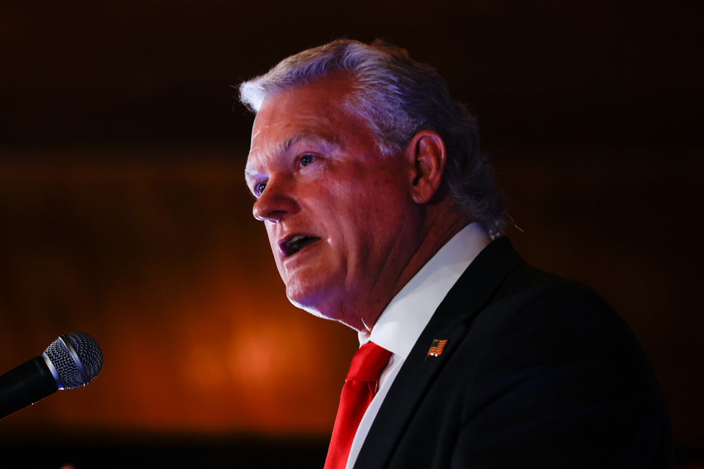 U.S. Rep. Mike Collins, R-Ga., speaks at his primary election watch party in Jackson, Ga. on Tuesday, May 19, 2026. (Arvin Temkar/Atlanta Journal-Constitution via AP)