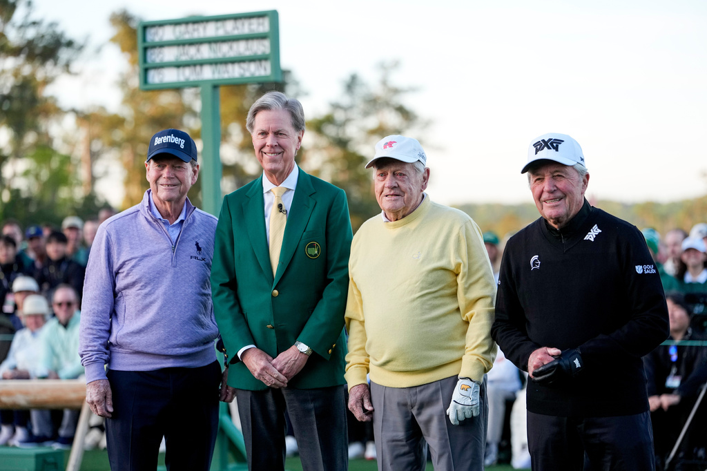 Jack Nicklaus, chairman Fred Ridley, Tom Watson, Gary Player pose before the ceremonial tee shot on the first hole during the first round of the Masters golf tournament at the Augusta National Golf Club, Thursday, April 9, 2026, in Augusta, Ga. (AP Photo/Eric Gay)