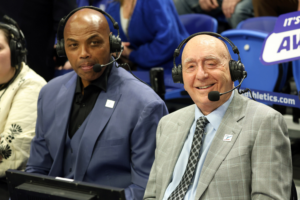 FILE - Charles Barkley, left, and Dick Vitale prepare for their broadcast before an NCAA college basketball game between Kentucky and Indiana in Lexington, Ky., Dec. 13, 2025. (AP Photo/James Crisp, file)