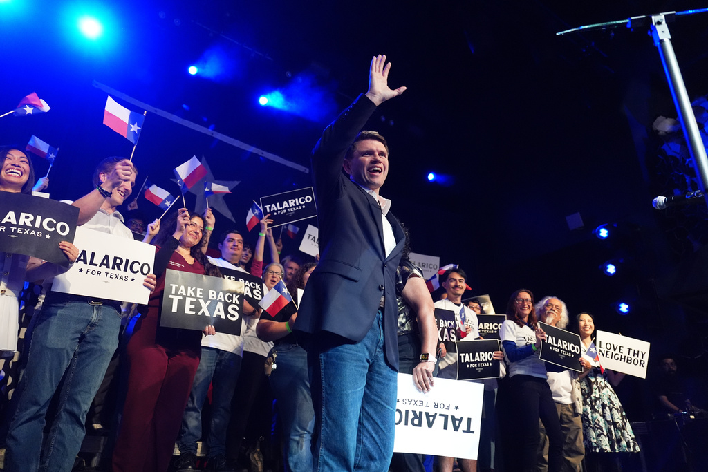 Texas Democratic Senate candidate Texas state Rep. James Talarico, D-Austin, waves before speaking for the first time since winning the Democratic nomination in Austin, Wednesday, March 4, 2026. (AP Photo/Eric Gay)