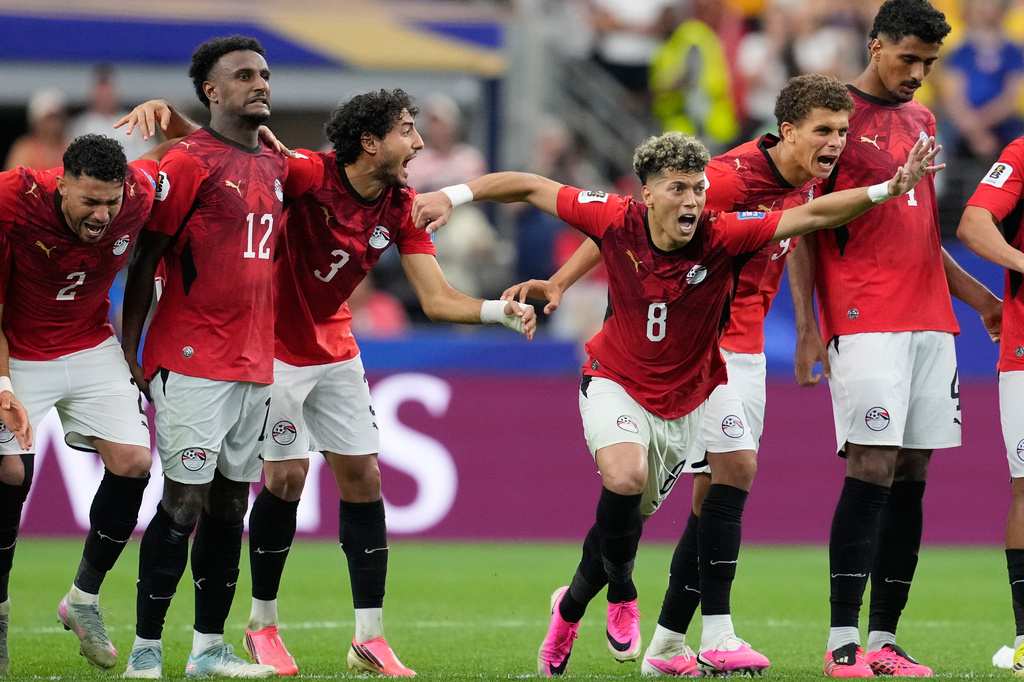 Egypt players react during a penalty shootout against Australia for the World Cup round of 32 soccer match in Arlington, Texas, near Dallas, Friday, July 3, 2026. (AP Photo/Tony Gutierrez)