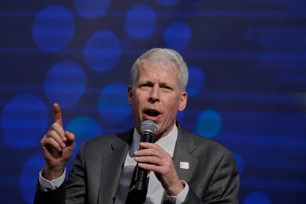 Chris Wright, Secretary of the U.S. Department of Energy, speaks at the Atlantic Council conference, in Athens, Greece, Friday, Nov. 7, 2025. (AP Photo/Petros Giannakouris)