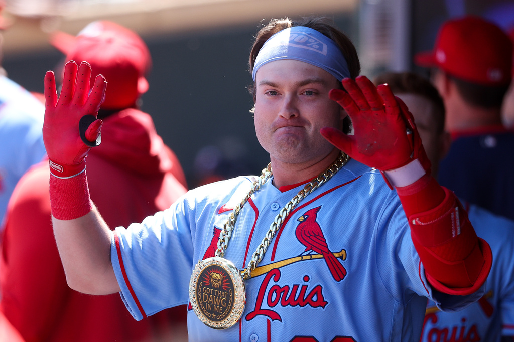 St. Louis Cardinals' Blaze Jordan celebrates his first career home run against the Minnesota Twins during the seventh inning of a baseball game, Saturday, June 13, 2026, in Minneapolis. (AP Photo/Matt Krohn)