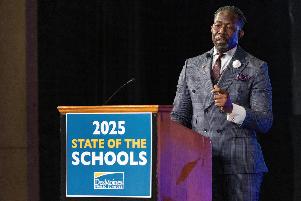 FILE - Ian Roberts, superintendent of Des Moines Public Schools, delivers an annual address at North High School in Des Moines, Iowa, Feb. 11, 2025. (Jon Lemons/Des Moines Public Schools via AP)