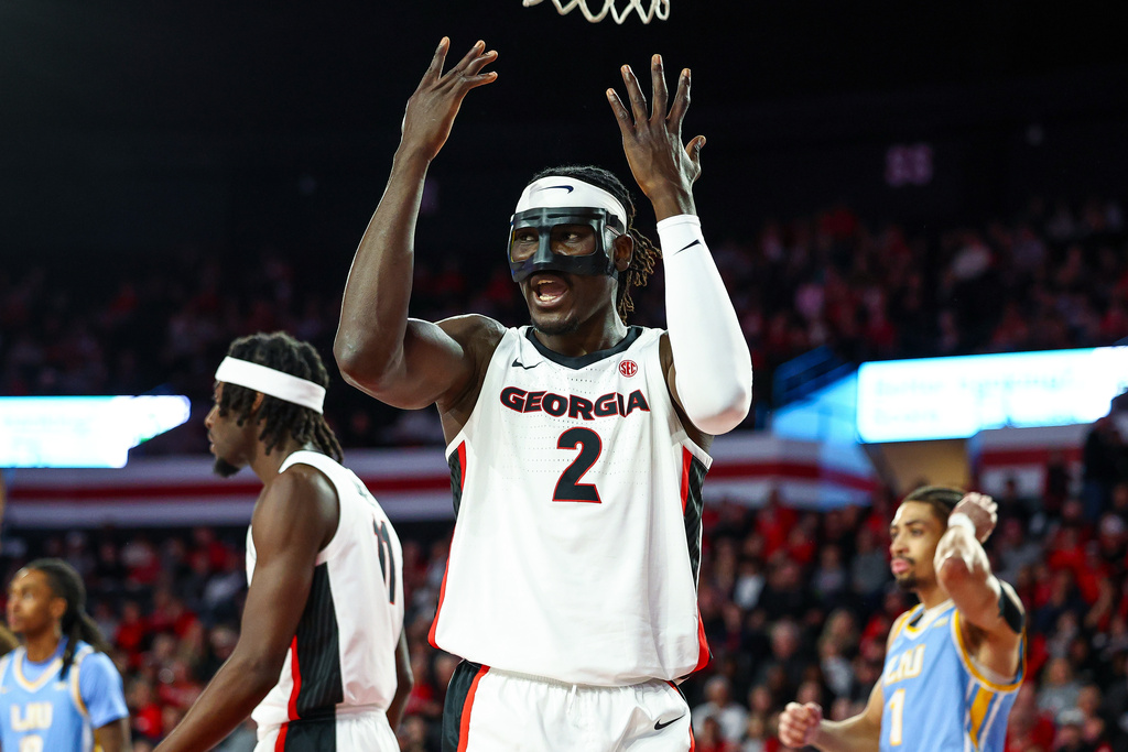 Georgia center Somto Cyril (2) reacts during the first half of an NCAA college basketball game against LIU Brooklyn, Monday, Dec. 29, 2025, in Athens, Ga. (AP Photo/Colin Hubbard)