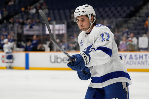 Tampa Bay Lightning center Dominic James (17) warms up before an NHL hockey game against the Nashville Predators, Tuesday, Oct. 28, 2025, in Nashville, Tenn. (AP Photo/George Walker IV) Tampa Bay Lightning center Dominic James (17) warms up before an NHL hockey game against the Nashville Predators, Tuesday, Oct. 28, 2025, in Nashville, Tenn. (AP Photo/George Walker IV)