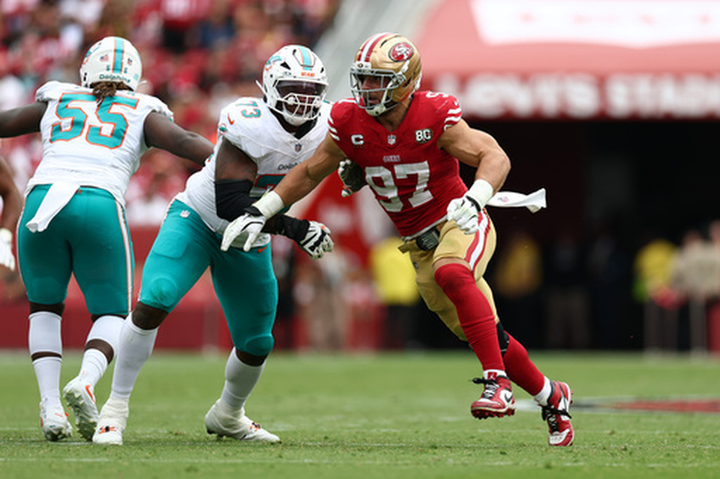 San Francisco 49ers defensive end Nick Bosa (97) rushes the passer during an NFL football game against the Miami Dolphins in Santa Clara, Calif., Sunday, Sept. 20, 2026. (Ben Liebenberg via AP)