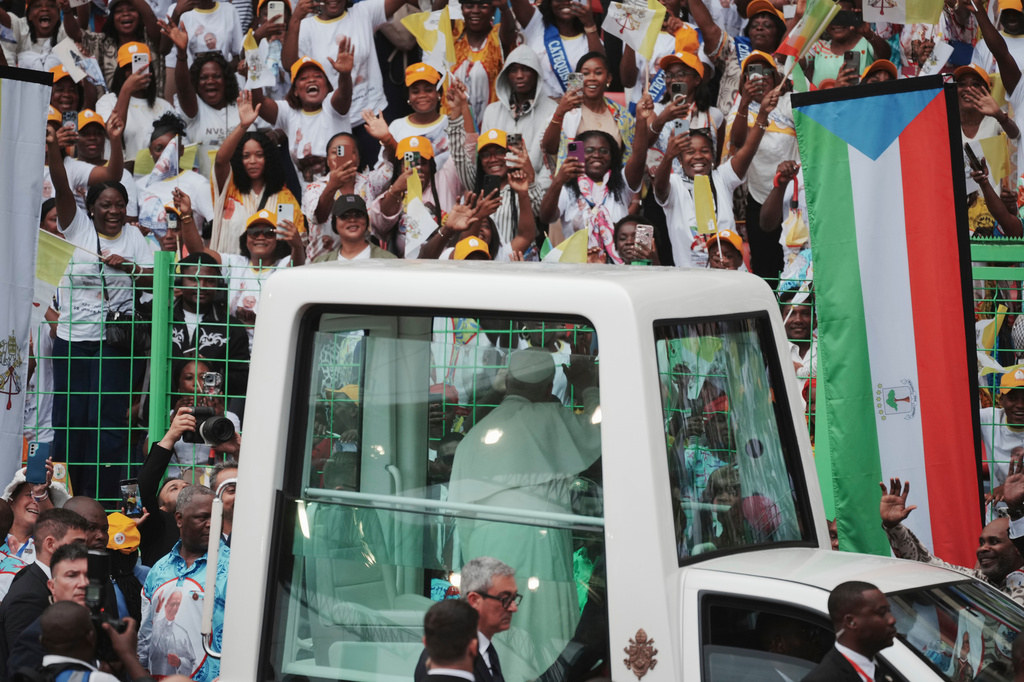 Pope Leo XIV arrives to celebrate the Holy mass at the Malabo stadium, in Malabo, Equatorial Guinea, Thursday, April 23, 2026, on the last day of his 11-day pastoral visit to Africa. (AP Photo/Andrew Medichini)