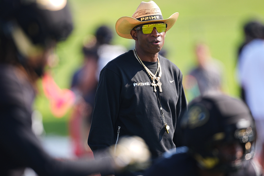Colorado head coach Deion Sanders looks on during a practice at an NCAA college football training camp in Fountain, Colo., Thursday, Aug. 6, 2026. (AP Photo/David Zalubowski)
