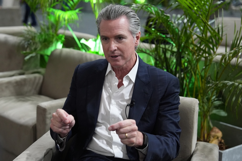 California Gov. Gavin Newsom speaks during an interview with The Associated Press at the COP30 U.N. Climate Summit, Tuesday, Nov. 11, 2025, in Belem, Brazil. (AP Photo/Joshua A. Bickel)