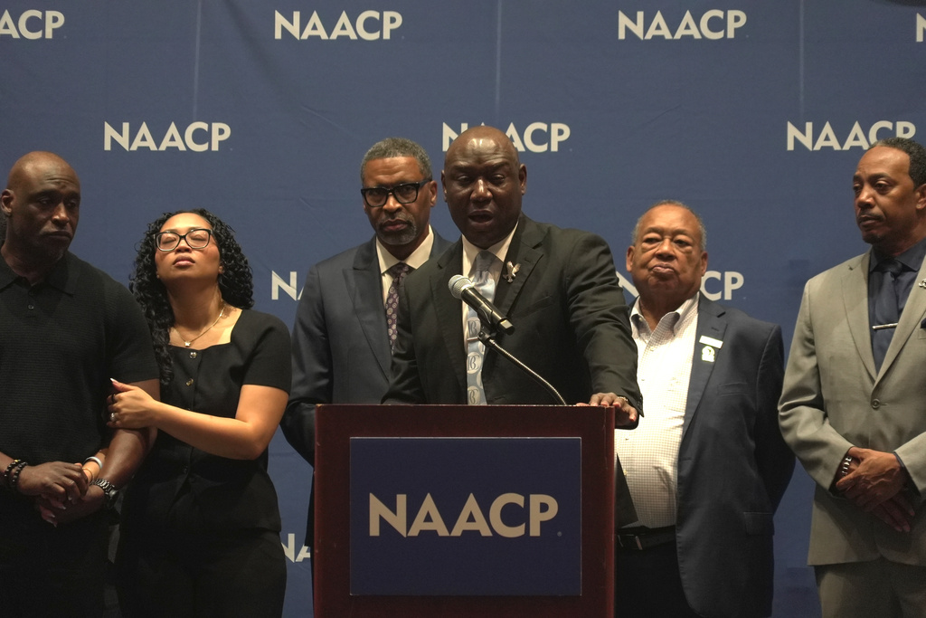 Civil rights attorney Ben Crump speaks at a news conference about the results of an independent autopsy of Nolan Wells at the NAACP National Convention in Chicago, Wednesday, July 22, 2026. (AP Photo/Laura Bargfeld)