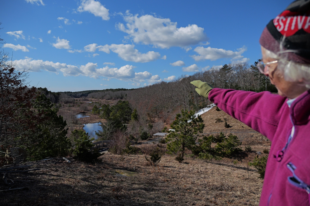 Glorianna Davenport, founder of the Living Observatory, overlooks a stream cutting through Tidmarsh Wildlife Sanctuary in Plymouth, Mass., Saturday, March 14, 2026. (Julia Vaz/MIT Graduate Program in Science Writing via AP)