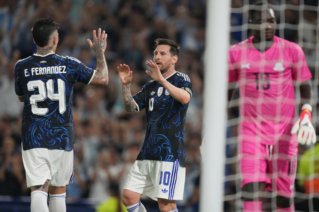 Argentina's Lionel Messi celebrates scoring his side's second goal against Zambia during a friendly soccer match in Buenos Aires, Argentina, Tuesday, March 31, 2026. (AP Photo/Gustavo Garello)