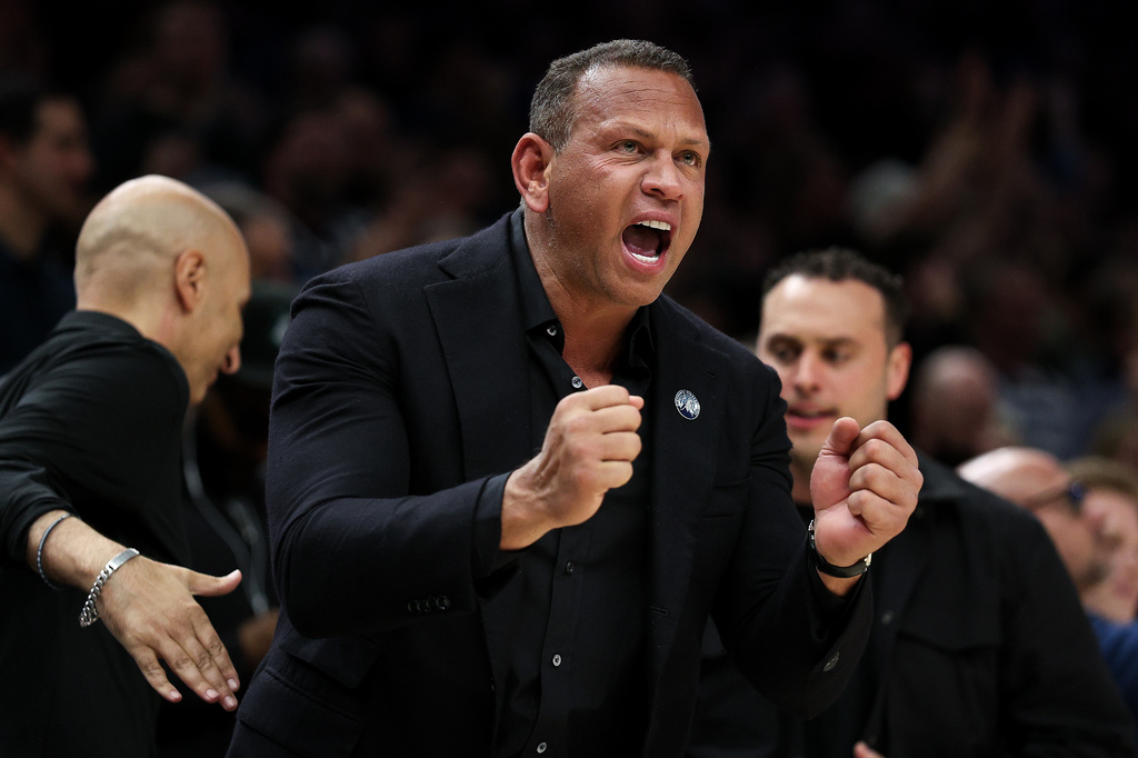Minnesota Timberwolves co-owner Alex Rodriguez celebrates during the second half of Game 6 of a first-round NBA basketball playoffs series against the Denver Nuggets, Thursday, April 30, 2026, in Minneapolis. (AP Photo/Matt Krohn)