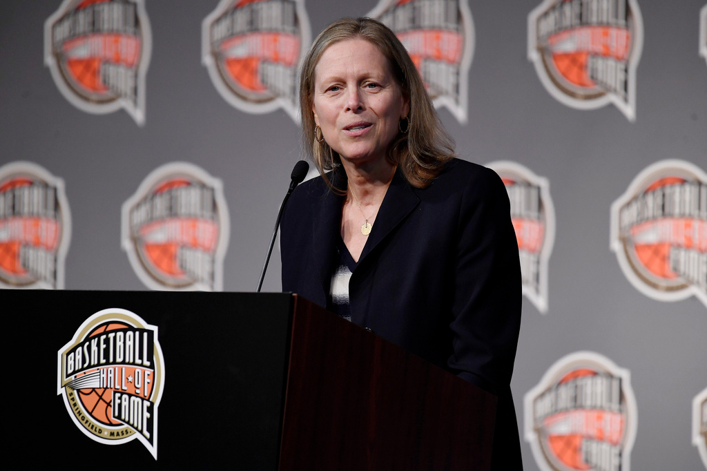 FILE - Class of 2021 inductee Val Ackerman speaks at a news conference for the Basketball Hall of Fame, Sept. 10, 2021, at Mohegan Sun in Uncasville, Conn. (AP Photo/Jessica Hill, File)