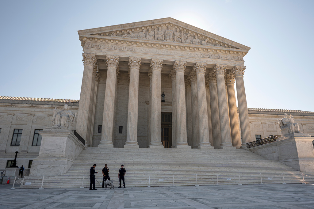 The Supreme Court is seen on the morning after the conservative majority sided with the Trump administration in a case over President Donald Trump's executive order restricting mail-in voting, on Capitol Hill in Washington, Tuesday, Aug. 25, 2026. (AP Photo/J. Scott Applewhite)