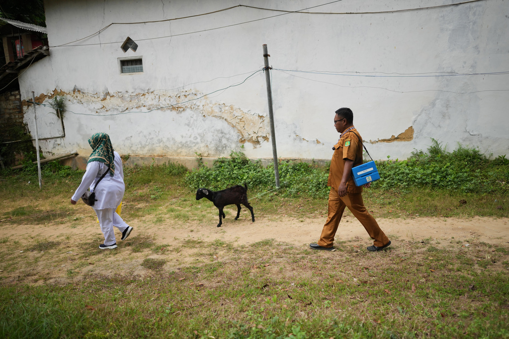 Paramedic Indra Kurniawan, right, carries a medical cooler containing measles vaccine as he walks with his colleague Fera Purnamasari during a house-to-house measles vaccination campaign following an outbreak in Sumenep on Madura Island, Indonesia, Monday, Sept. 8, 2025. (AP Photo/Dita Alangkara)