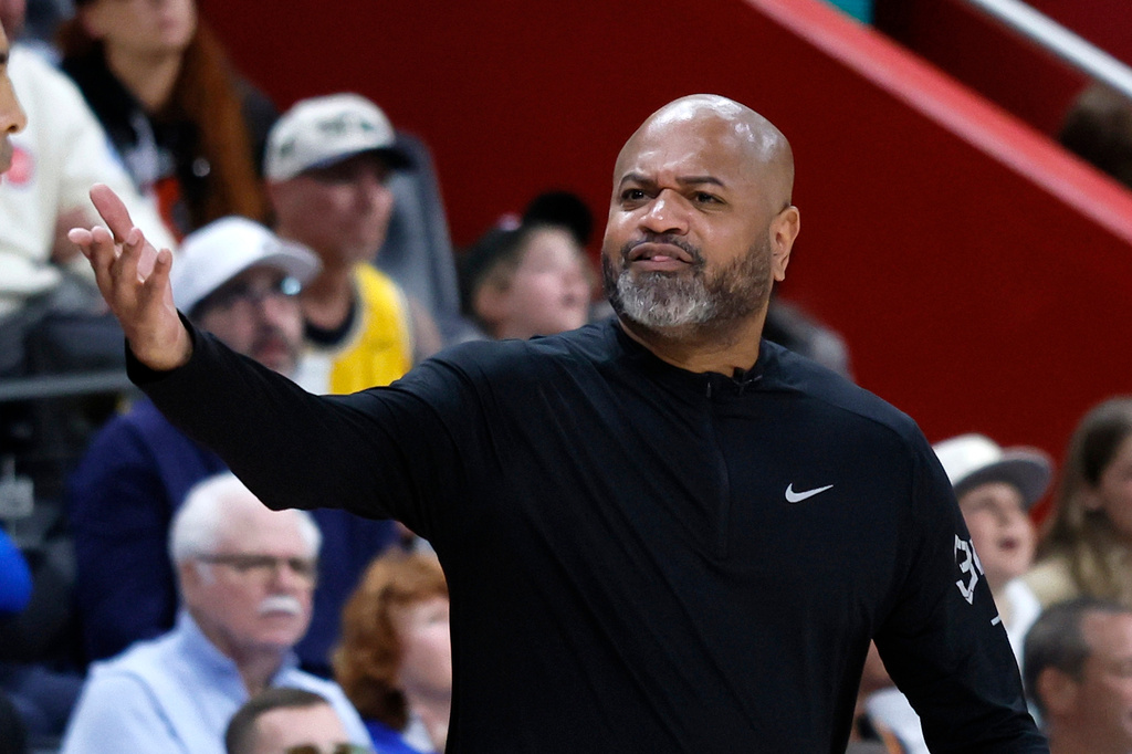 Detroit Pistons head coach J.B. Bickerstaff argues a call during the first half in Game 5 of a first-round NBA basketball playoffs series against the Orlando Magic Wednesday, April 29, 2026, in Detroit. (AP Photo/Duane Burleson)