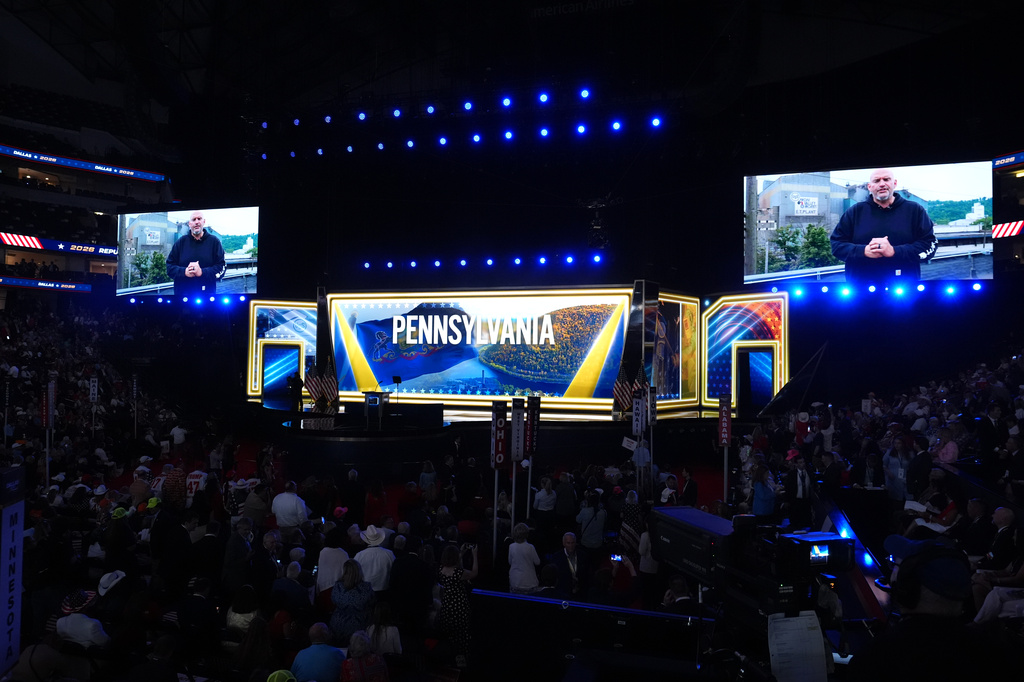 A video featuring Sen. John Fetterman, D-Pa., plays at the Republican convention Wednesday, Sept. 9, 2026, in Dallas. (AP Photo/Alex Brandon)