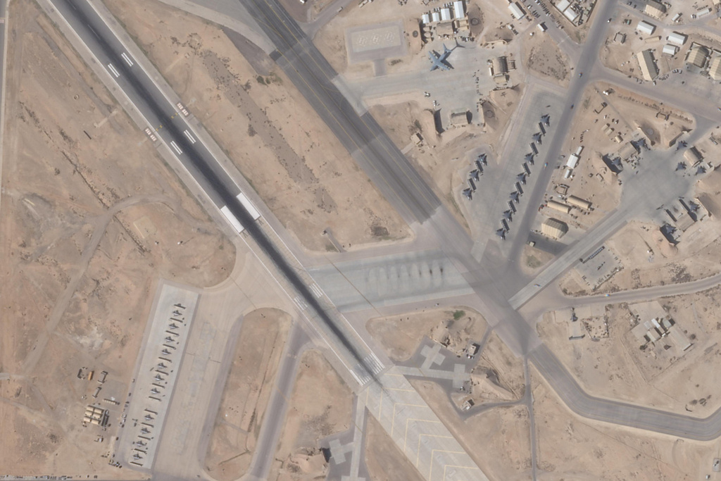 This satellite image from Planet Labs PBC shows aircraft at Muwaffaq Salti Air Base in Jordan on Saturday, Feb. 21, 2026. (Planet Labs PBC via AP)