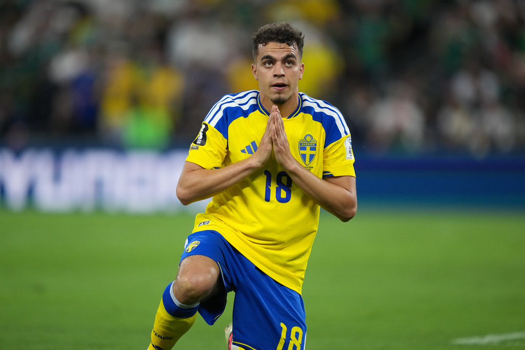Sweden's Yasin Ayari (18) celebrates after scoring his side's opening goal during the World Cup Group F soccer match between Sweden and Tunisia in Guadalupe, near Monterrey, Mexico, Sunday, June 14, 2026. (AP Photo/Moises Castillo)