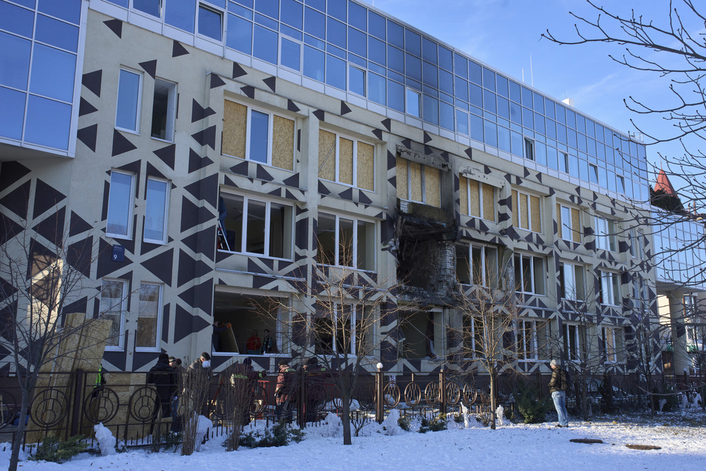 A damaged private clinic is seen after, according to Ukrainian officials, a Russian air attack when a drone hit a hospital room killing a patient, in Kyiv, Ukraine, Monday, Jan 5, 2026. (AP Photo/Efrem Lukatsky)