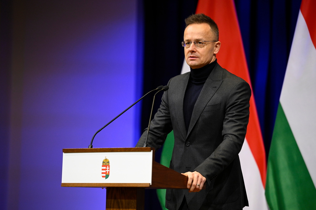 Hungary's Minister of Foreign Affairs and Trade Peter Szijjarto holds a press conference following a cabinet meeting in Budapest, Hungary, Wednesday, Feb. 18, 2026. (Boglarka Bodnar/MTI via AP)