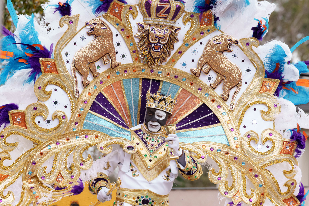 Zulu King Dr. Ron Tassin parades on Mardi Gras Day, Tuesday, Feb. 17, 2026 in New Orleans. (AP Photo/Matthew Hinton)