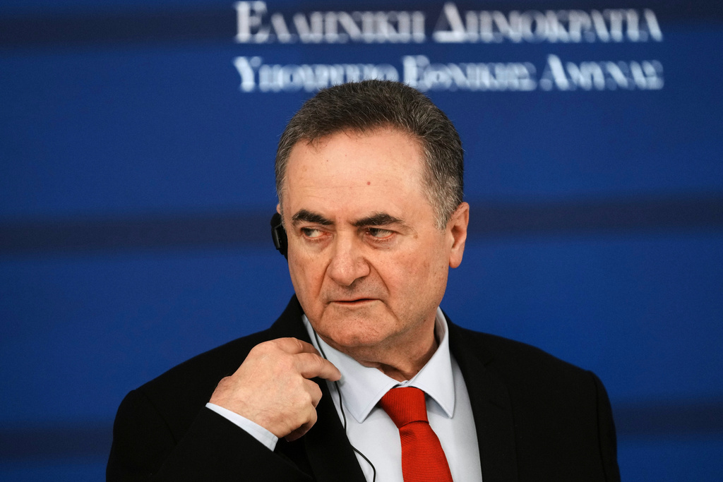 Israeli Defense Minister Israel Katz makes statements with his Greek counterpart Nikos Dendias after their meeting in Athens, Greece, Tuesday, Jan. 20, 2026. (AP Photo/Thanassis Stavrakis)