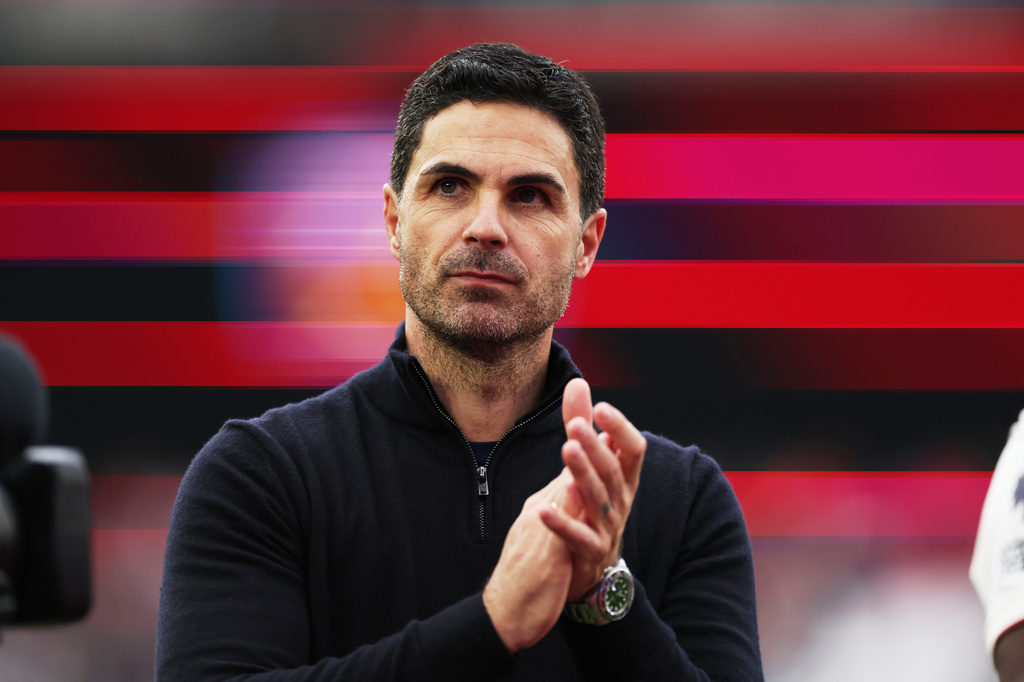 Arsenal's manager Mikel Arteta reacts after the Premier League soccer match between West Ham and Arsenal in London, Sunday, May 10, 2026. (AP Photo/Ian Walton)