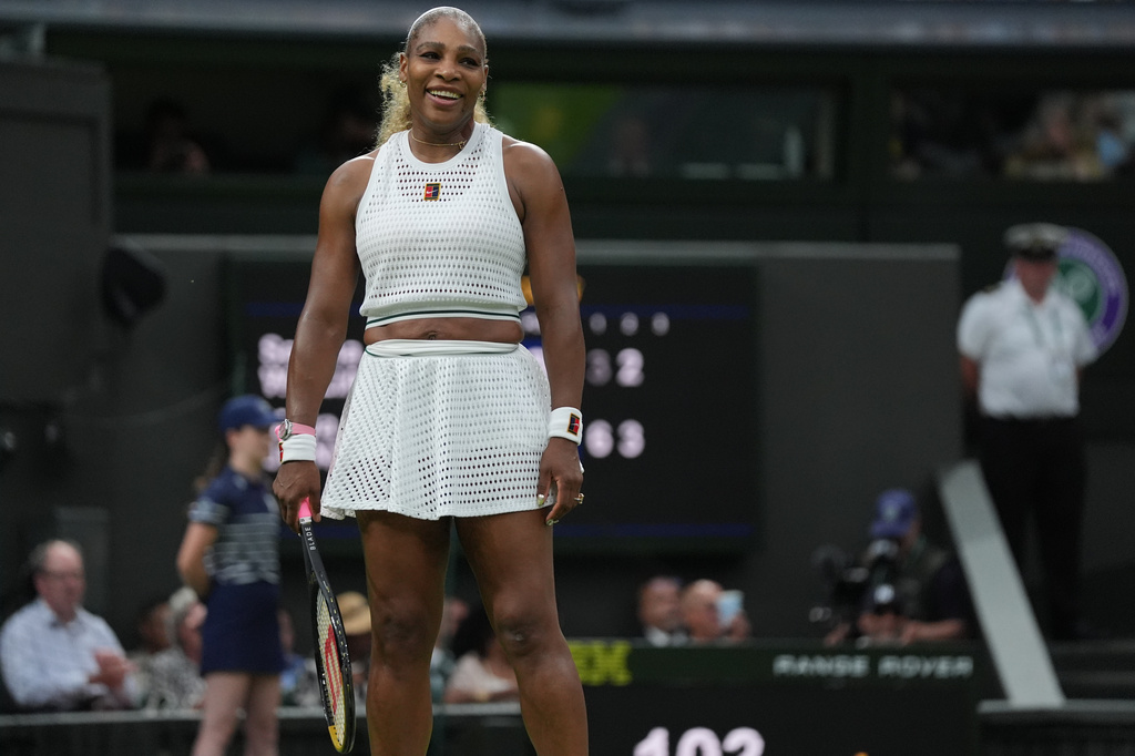 Serena Williams of the United States reacts after winning a point against Maya Joint of Australia in their first round women's singles match at the Wimbledon Tennis Championships in London, Tuesday, June 30, 2026. (AP Photo/Maja Smiejkowska)