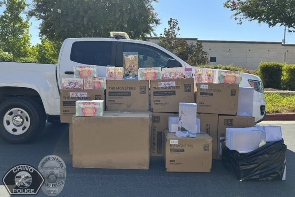 This image released by the City of Chino Police Department on Monday, Aug. 11, 2025, shows boxes of stolen Labubus that were recovered in Upland, Calif. (City of Chino Police Department via AP)