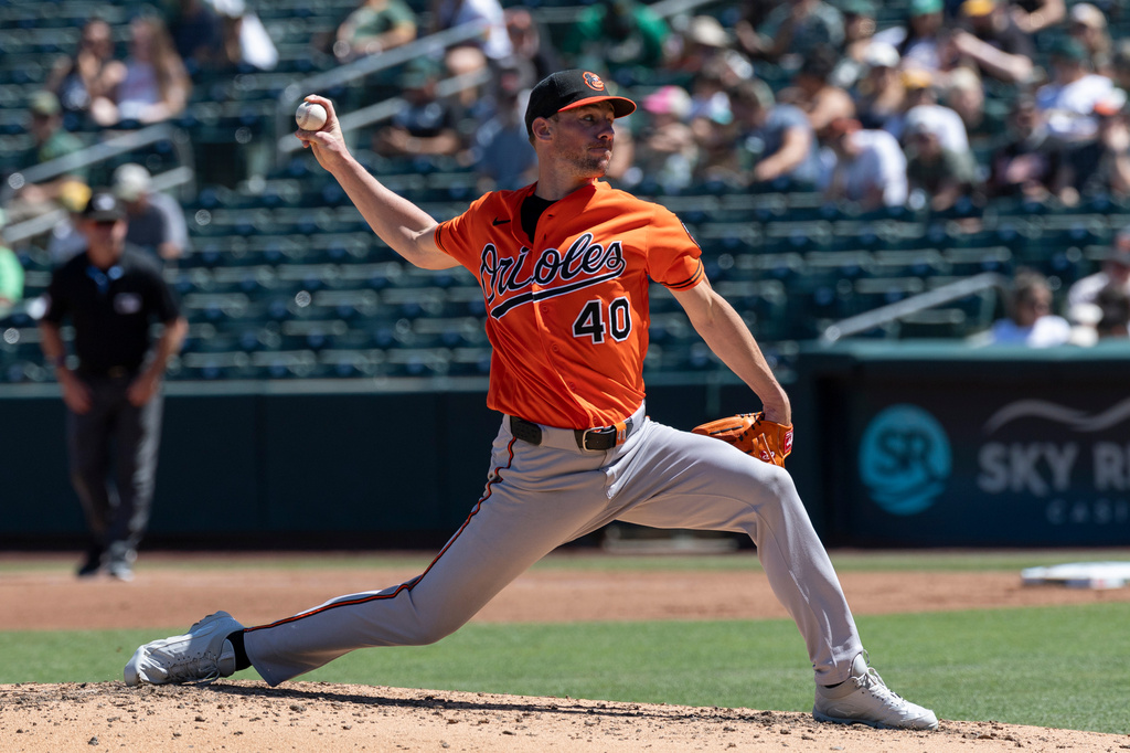 Baltimore Orioles pitcher Chris Bassitt throws to the Athletics during the third inning of a baseball game Sunday, Aug. 30, 2026, in West Sacramento, Calif. (AP Photo/Sara Nevis)