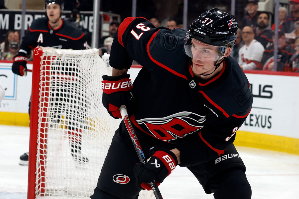 Carolina Hurricanes' Andrei Svechnikov (37) watches the puck against the Columbus Blue Jackets during the second period of an NHL hockey game in Raleigh, N.C., Thursday, April 2, 2026. (AP Photo/Karl DeBlaker)