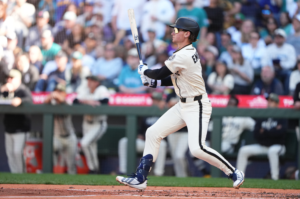 Seattle Mariners' Colt Emerson lines out in his first major league at-bat against the San Diego Padres during the third inning of a baseball game, Sunday, May 17, 2026, in Seattle. (AP Photo/Lindsey Wasson)