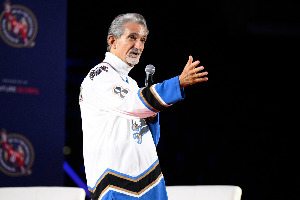 FILE - Washington Capitals owner Ted Leonsis speaks at the GR8 city celebration, April 11, 2025, in Washington. (AP Photo/Nick Wass, File)