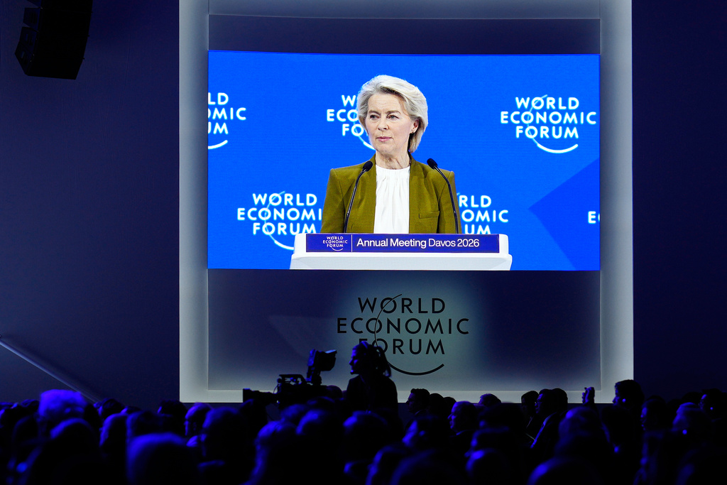 President of the European Commission Ursula von der Leyen talks during the Annual Meeting of the World Economic Forum in Davos, Switzerland, Tuesday, Jan. 20, 2026. (AP Photo/Markus Schreiber)