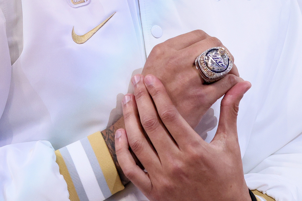 Oklahoma City Thunder forward Jaylin Williams wears his championship ring during a ceremony before an NBA basketball game against thee Houston Rockets, Tuesday, Oct. 21, 2025, in Oklahoma City. (AP Photo/Nate Billings)