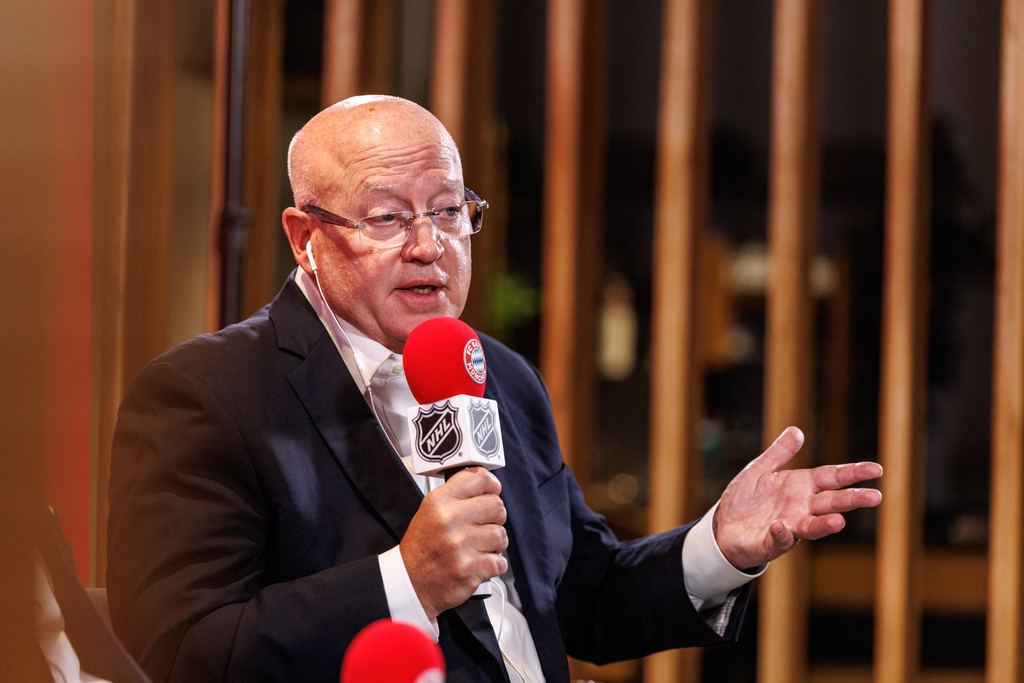 Bill Daly, deputy commissioner of the NHL, speaks during a joint press conference by FC Bayern Munich and the National Hockey League, Thursday, Aug. 20, 2026, in Munich. (Matthias Balk/dpa via AP)