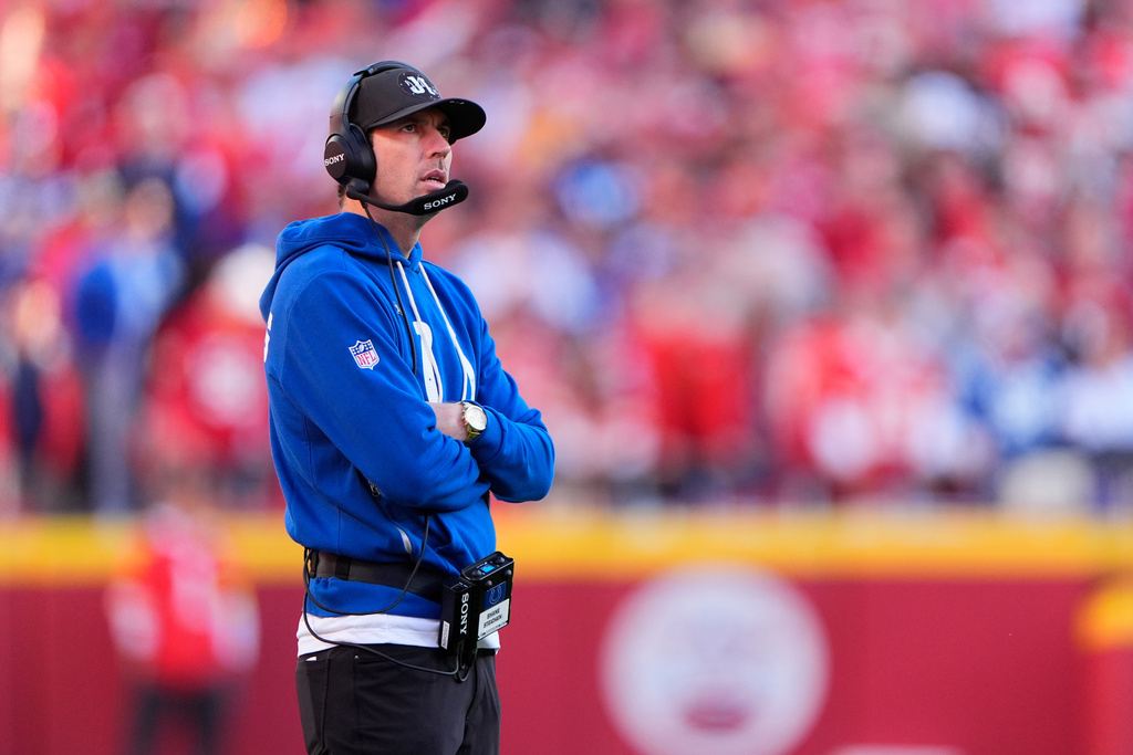 Indianapolis Colts head coach Shane Steichen on the sidelines during the second half of an NFL football game against the Kansas City Chiefs Sunday, Nov. 23, 2025, in Kansas City, Mo. (AP Photo/Charlie Riedel)