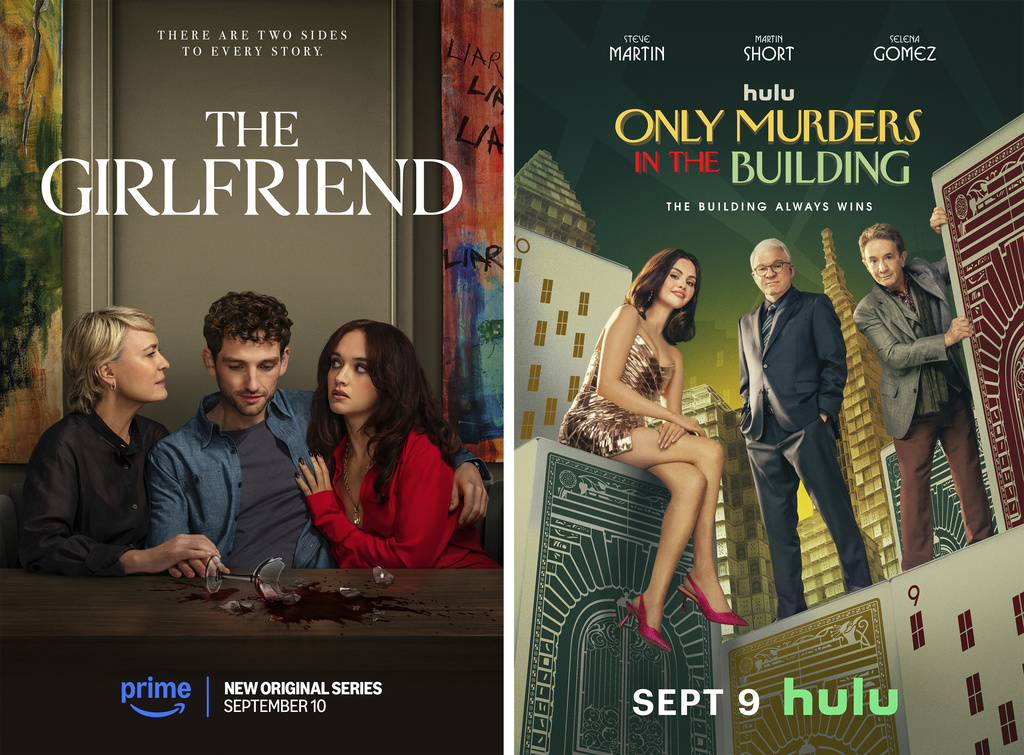 This combination of images shows promotional art for "The Girlfriend," left, and "Only Murders in the Building." (Prime/Hulu via AP)