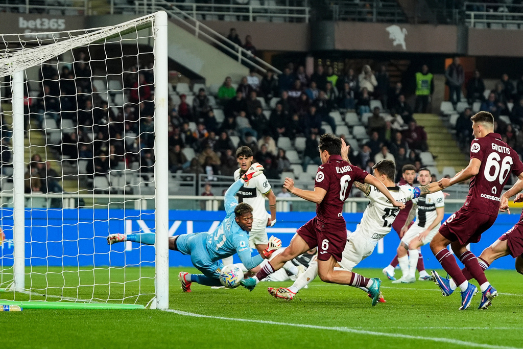 Torino's Emirhan Ilkhan (6) scores their second goal during the Serie A soccer match between Torino FC and Parma, Friday, March 13, 2026, in Turin, Italy. (Fabio Ferrari/LaPresse via AP)