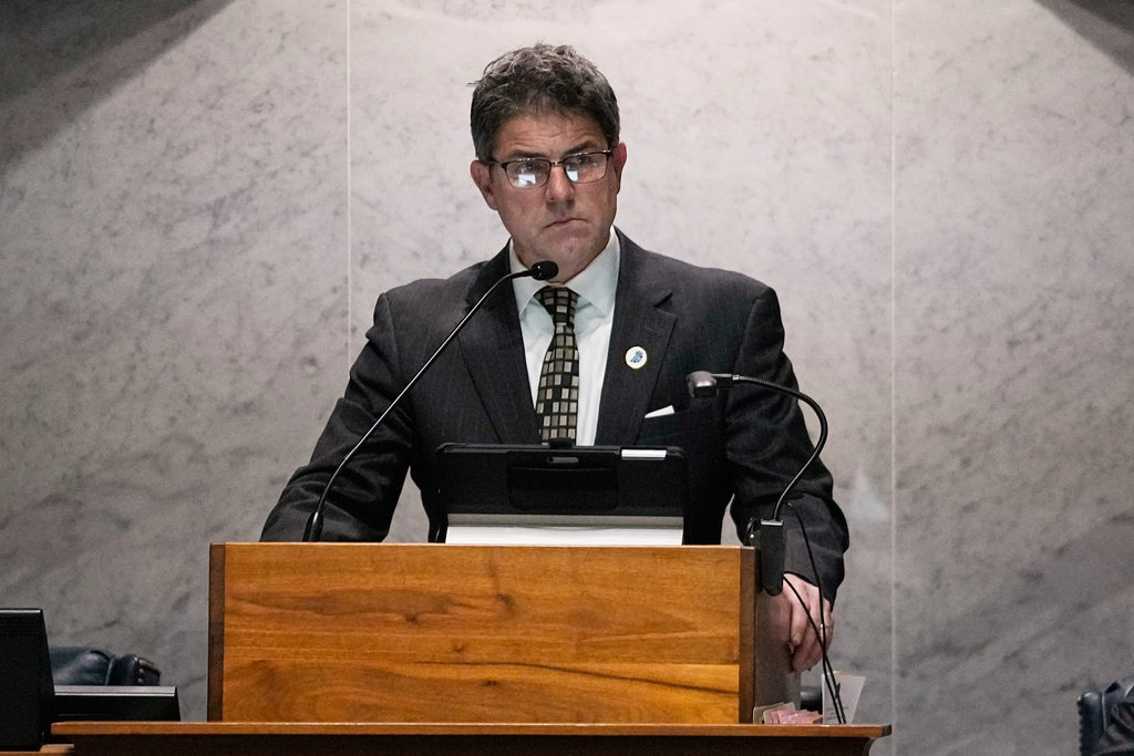 FILE - Senate President Pro Tem Rodric Bray, R-Martinsville, speaks in the senate chamber at the Statehouse in Indianapolis, Feb. 1, 2024. (AP Photo/Darron Cummings, File)