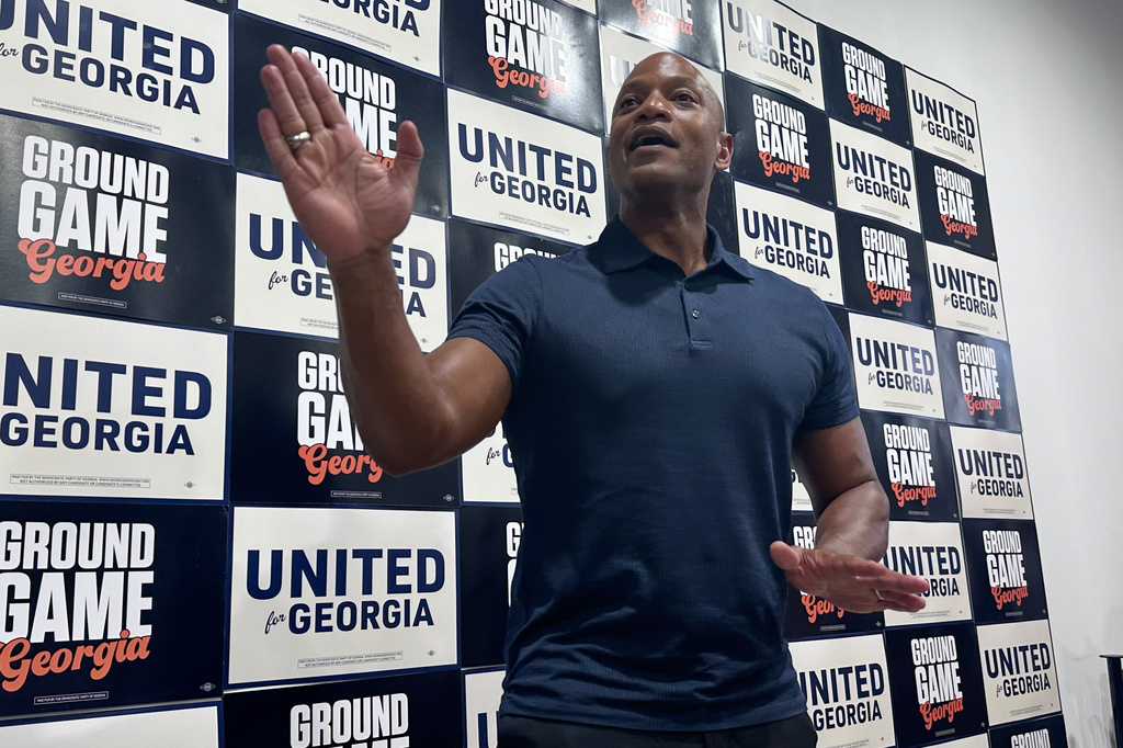 Maryland Gov. Wes Moore campaigns for Georgia Sen. Jon Ossoff, D-Ga., and Democratic gubernatorial nominee Keisha Lance Bottoms, Tuesday, July 14, 2026, in Atlanta. (AP Photo/Bill Barrow)