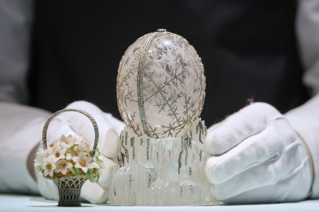The Winter Egg by Faberge is displayed at Christie's auction rooms in London, Thursday, Nov. 27, 2025, it is expected to sell for in excess of 20 million UK Pounds when it is auctioned on Dec. 2. (AP Photo/Kirsty Wigglesworth)