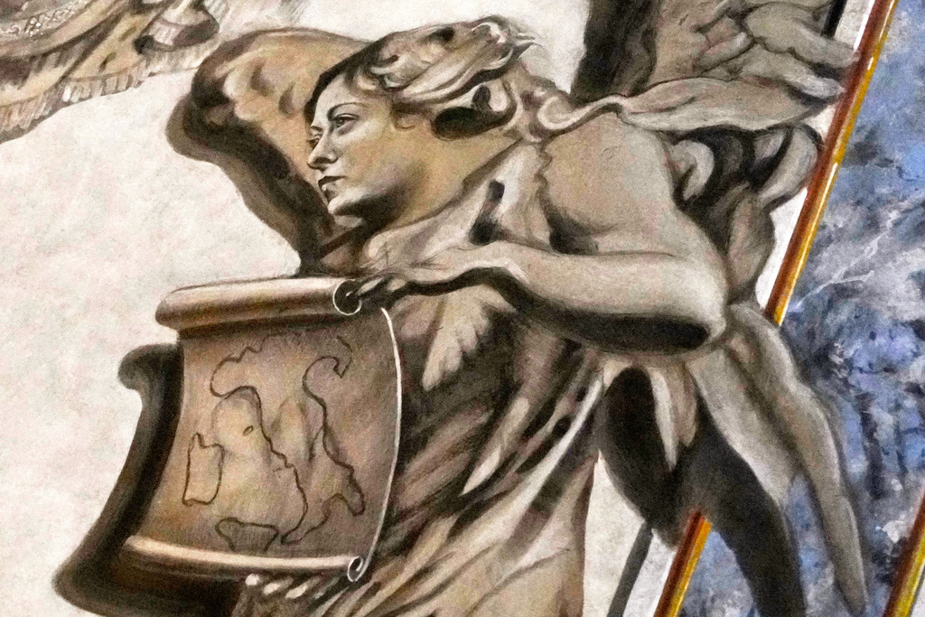 A detail of a restored chapel with Angels depicted on a fresco to the memory of late Italy's King Umberto II inside the Basilica of St. Lawrence in Lucina in Rome, Sunday, Feb. 1, 2026. (AP Photo/Gregorio Borgia)