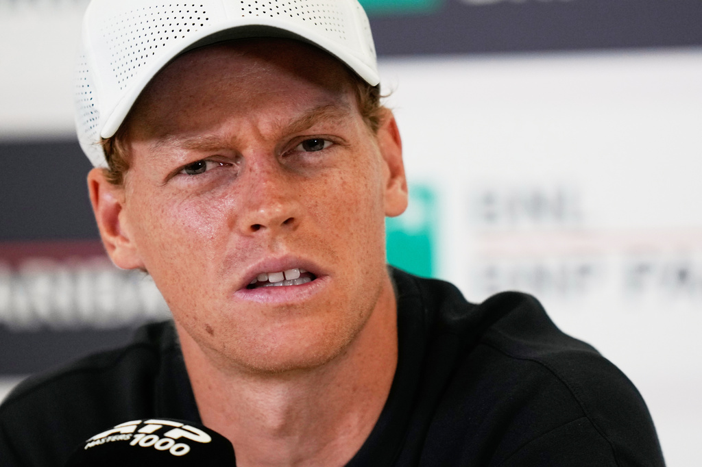 Jannik Sinner, of Italy, listens to a reporters' question during a press conference during the Italian Open at the Foro Italico in Rome, Thursday, May 7, 2026. (AP Photo/Alessandra Tarantino)